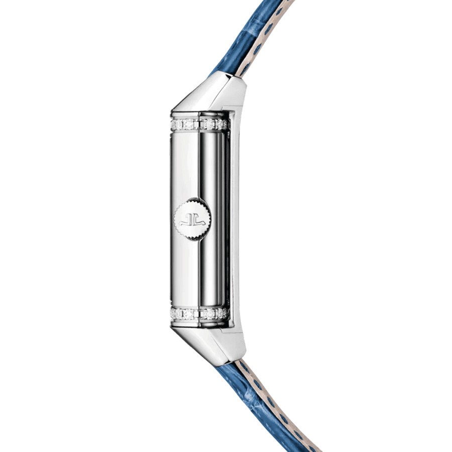 Montre Jaeger-LeCoultre Reverso Classic Duetto automatique lunette sertie cadran argenté bracelet cuir bleu 40 x 24,4 mm Q257848