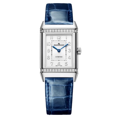 Montre Jaeger-LeCoultre Reverso Classic Duetto automatique lunette sertie cadran argenté bracelet cuir bleu 40 x 24,4 mm Q257848