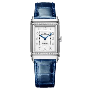 Montre Jaeger-LeCoultre Reverso Classic Duetto automatique lunette sertie cadran argenté bracelet cuir bleu 40 x 24,4 mm Q257848