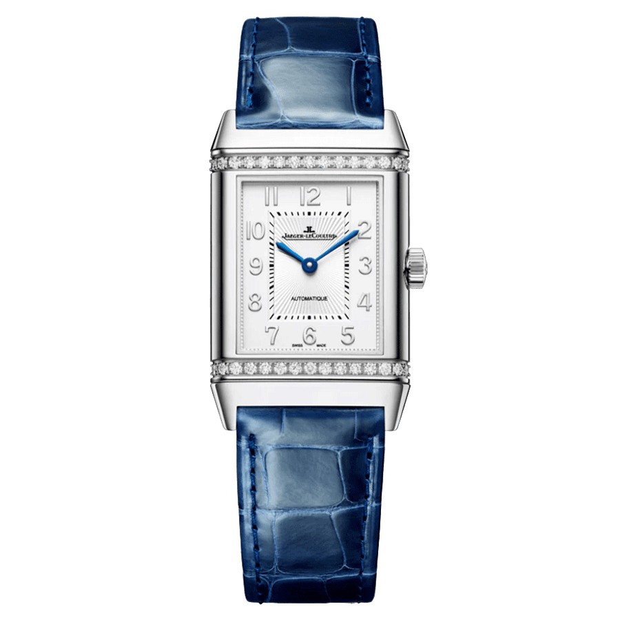 Montre Jaeger-LeCoultre Reverso Classic Duetto automatique lunette sertie cadran argenté bracelet cuir bleu 40 x 24,4 mm Q257848