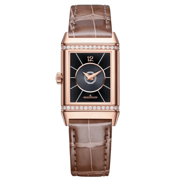 Jaeger-LeCoultre Reverso Classic Duetto watch Automatic pink gold bezel set with silver dial Brown leather strap 40 x 24.4 mm Q2