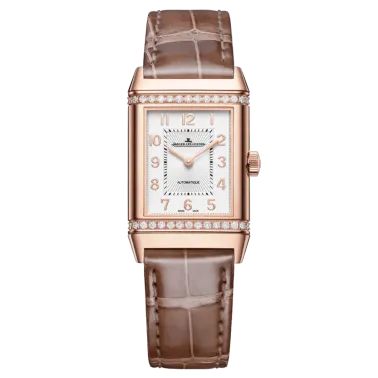 Montre Jaeger-LeCoultre Reverso Classic Duetto Or rose automatique lunette sertie cadran argenté bracelet cuir brun 40 x 24,4 mm