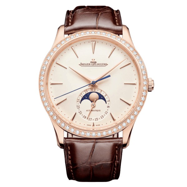 Jaeger-LeCoultre Master Ultra Thin Moon watch Automatic pink gold bezel set beige dial brown leather strap 39 mm Q1362502