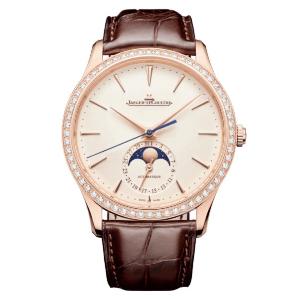 Montre Jaeger-LeCoultre Master Ultra Thin Moon Or rose automatique lunette sertie cadran beige bracelet cuir marron 39 mm Q13625