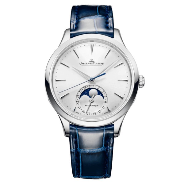 Jaeger-LeCoultre Master Ultra Thin Moon automatic watch silver dial blue leather strap 36 mm Q1248420