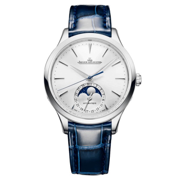 Montre Jaeger-LeCoultre Master Ultra Thin Moon automatique cadran argenté bracelet cuir bleu 36 mm Q1248420