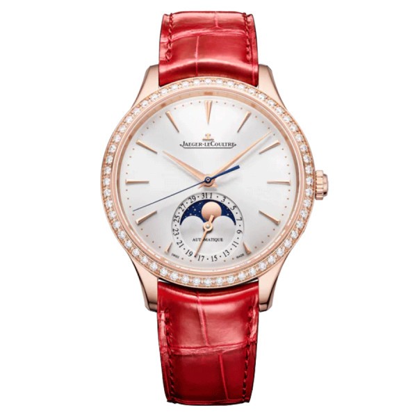 Jaeger-LeCoultre Master Ultra Thin Moon watch Automatic pink gold bezel set with silver dial Red leather strap 36 mm Q1242501