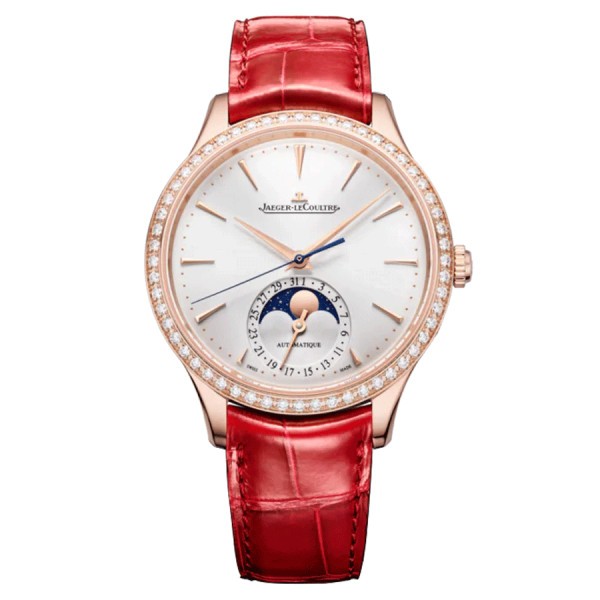 Montre Jaeger-LeCoultre Master Ultra Thin Moon Or rose automatique lunette sertie cadran argenté bracelet cuir rouge 36 mm Q1242