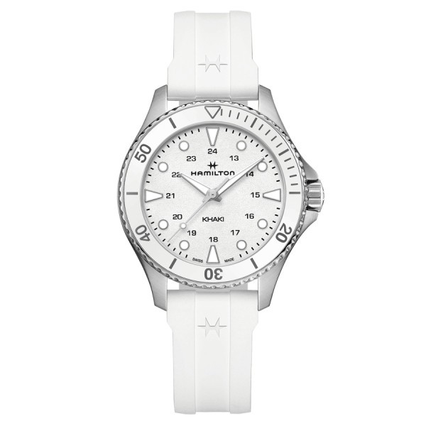 Montre Hamilton Khaki Navy Scuba quartz cadran blanc bracelet caoutchouc blanc 37 mm H82221310