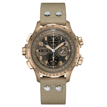 Montre Hamilton Khaki Aviation X-Wind automatique chronographe cadran brun bracelet textile beige 45 mm H77916920