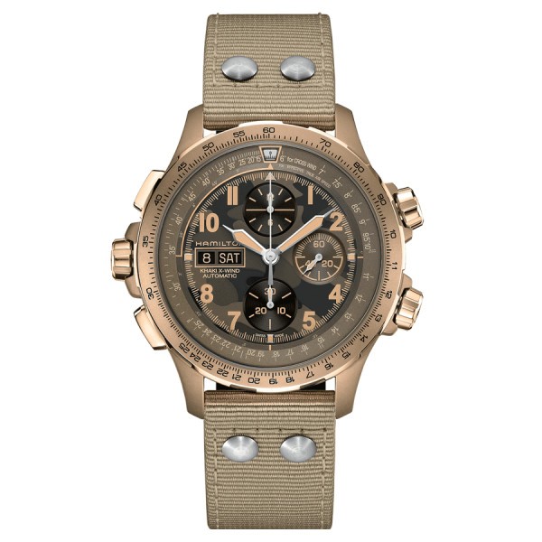 Hamilton Khaki Aviation X-Wind automatic chronograph watch brown dial beige textile strap 45 mm H77916920