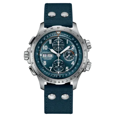 Montre Hamilton Khaki Aviation X-Wind automatique chronographe cadran bleu bracelet textile bleu 45 mm H77906940