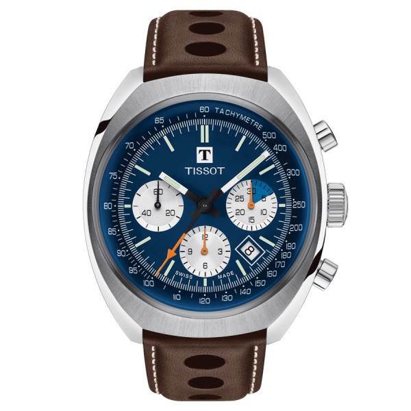 Tissot Heritage 1973 automatic chronograph watch blue dial brown leather strap 43 mm T124.427.16.041.00