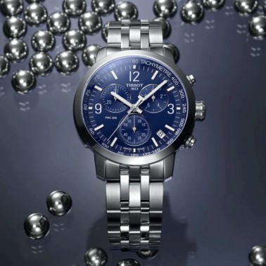 Montre Tissot T-Sport PRC 200 Chronograph quartz cadran bleu bracelet acier 43 mm T114.417.11.047.00