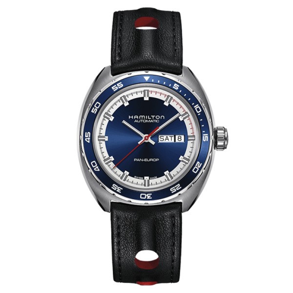 Montre Hamilton American Classic Pan Europ cadran bleu bracelet cuir noir 42 mm