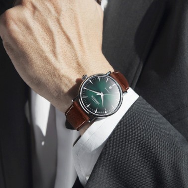 Montre Michel Herbelin Inspiration automatique cadran vert bracelet cuir marron 40 mm