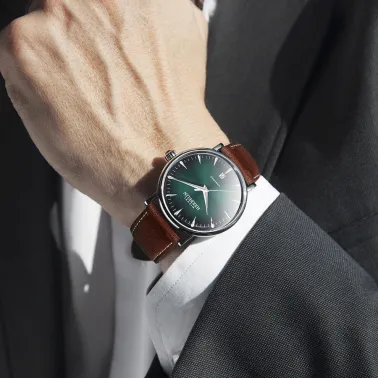 Montre Michel Herbelin Inspiration automatique cadran vert bracelet cuir marron 40 mm 1647/AP16BR