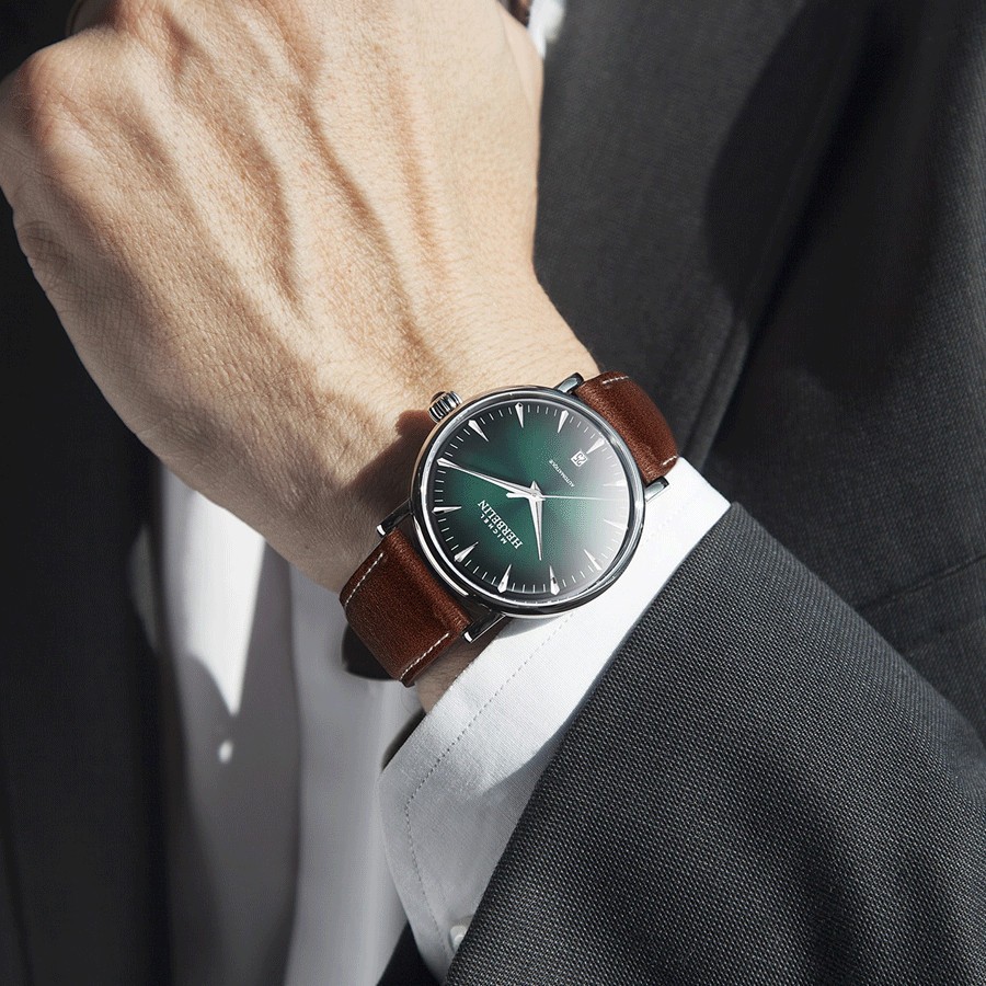 Montre Michel Herbelin Inspiration automatique cadran vert bracelet cuir marron 40 mm 1647/AP16BR