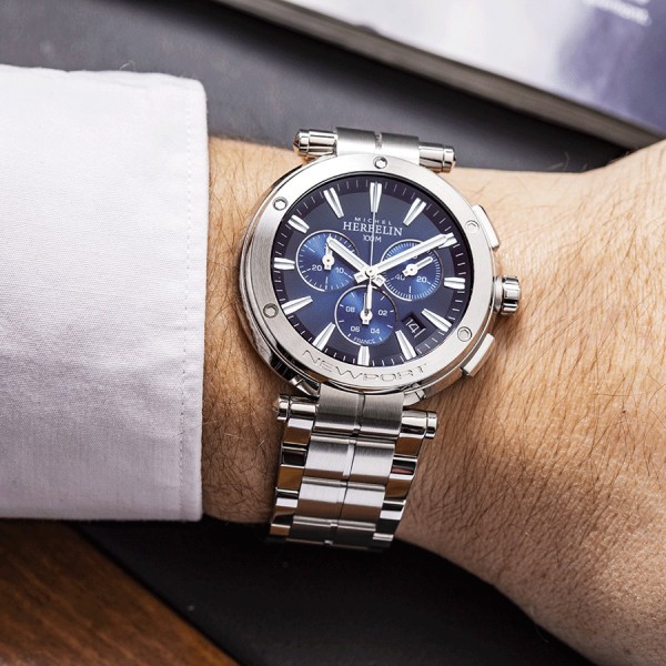 Michel Herbelin Newport chrono quartz watch blue steel bracelet 43mm