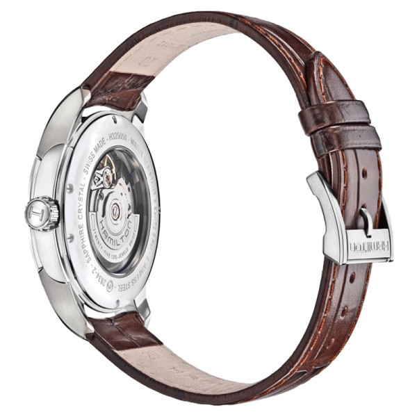 Montre Hamilton Jazzmaster Day Date cadran blanc bracelet cuir façon croco 40 mm