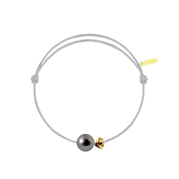 Bracelet Claverin cord Pearly gold flower black pearl and flower in yellow gold