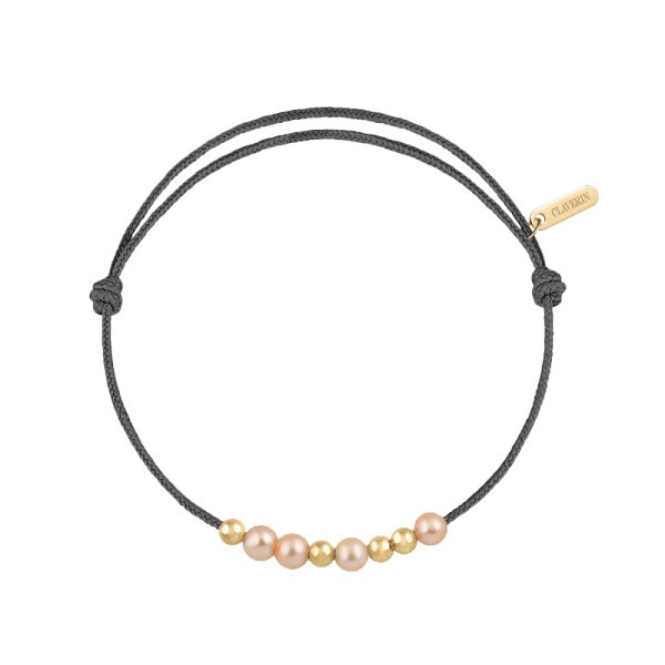 Bracelet cord Claverin 8 little treasures with 4 pink pearls and 4 yellow gold balls
