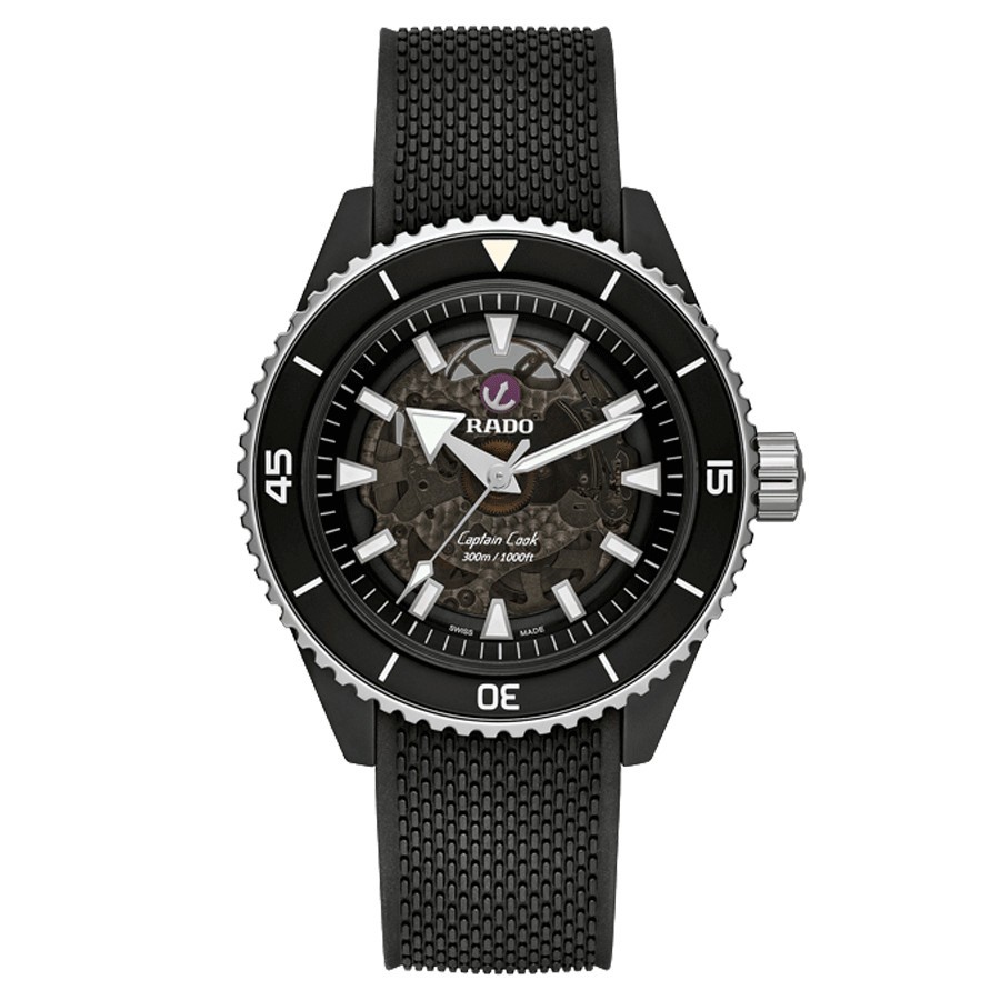 Montre Rado Captain Cook High Tech Ceramic automatique cadran noir bracelet caoutchouc noir 43 mm R32127156