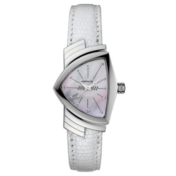 Montre Hamilton Ventura cadran nacre bracelet cuir façon lézard blanc