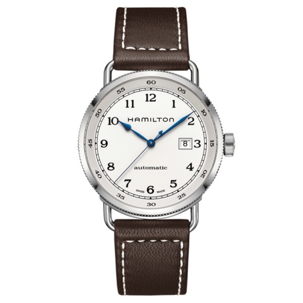 Montre Hamilton Khaki Navy Pioneer cadran argenté bracelet cuir brun 43 mm