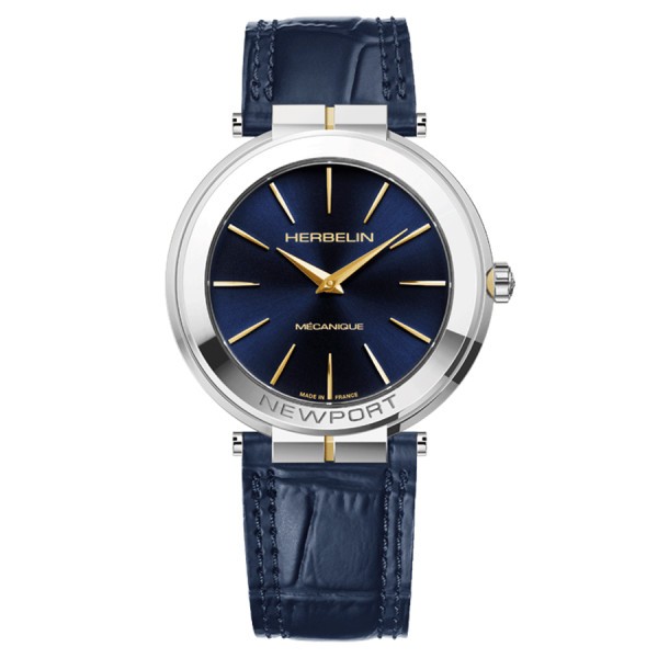 Montre Michel Herbelin Newport Slim PVD Or jaune mécanique cadran bleu bracelet cuir noir 42 mm 1222/T15BL