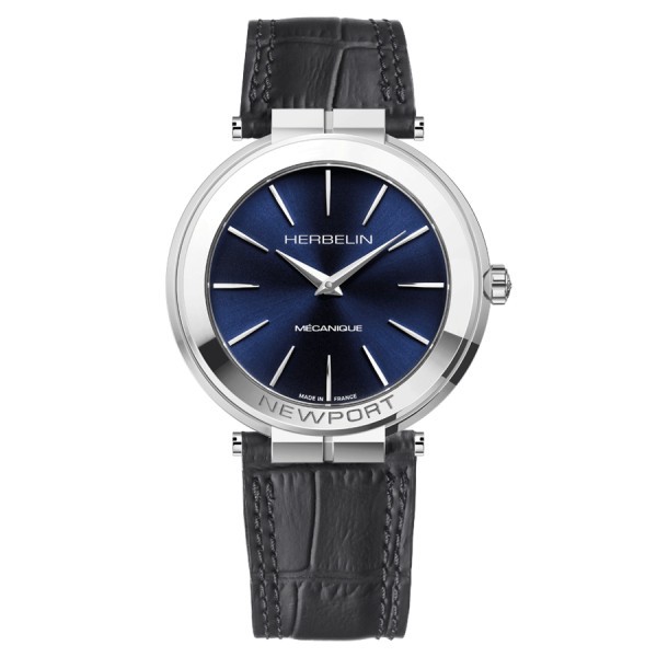 Montre Michel Herbelin Newport Slim mécanique cadran bleu bracelet cuir noir 42 mm 1222/AP15