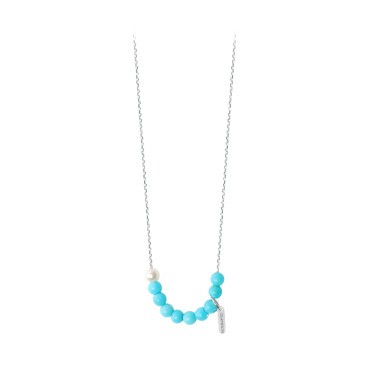 Collier Claverin Rosary en or blanc perles de turquoise et perle blanche