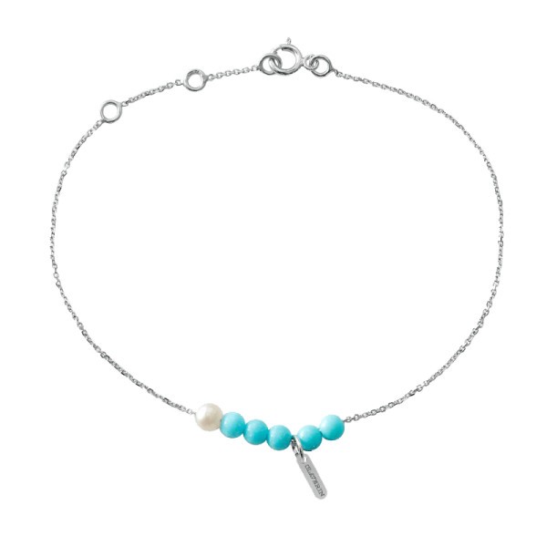 Bracelet Claverin Rosary en or blanc perles de turquoise et perle blanche
