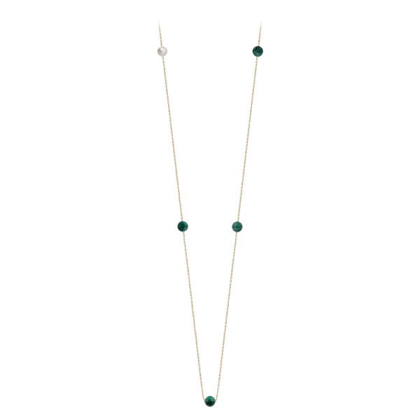 Necklace Claverin Hope five in yellow gold, malachite pearls and white pearl