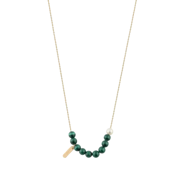Collier Claverin Hope 10 en or jaune perles de malachite et perle blanche
