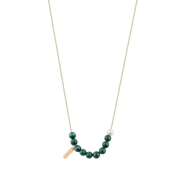 Collier Claverin Hope 10 en or jaune perles de malachite et perle blanche