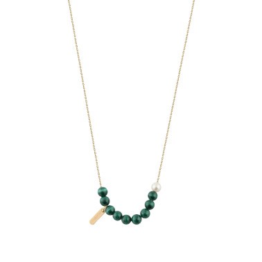 Collier Claverin Hope 10 en or jaune perles de malachite et perle blanche