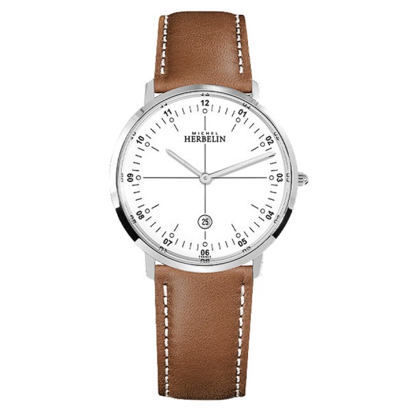 Michel Herbelin City quartz watch white dial brown leather strap 38,70 mm 19515/12GON