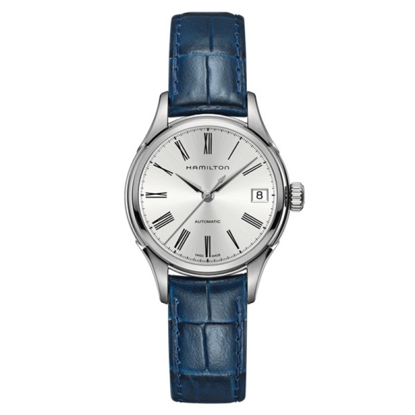 Montre Hamilton American Classic Valiant cadran argenté bracelet cuir façon croco bleu 34 mm
