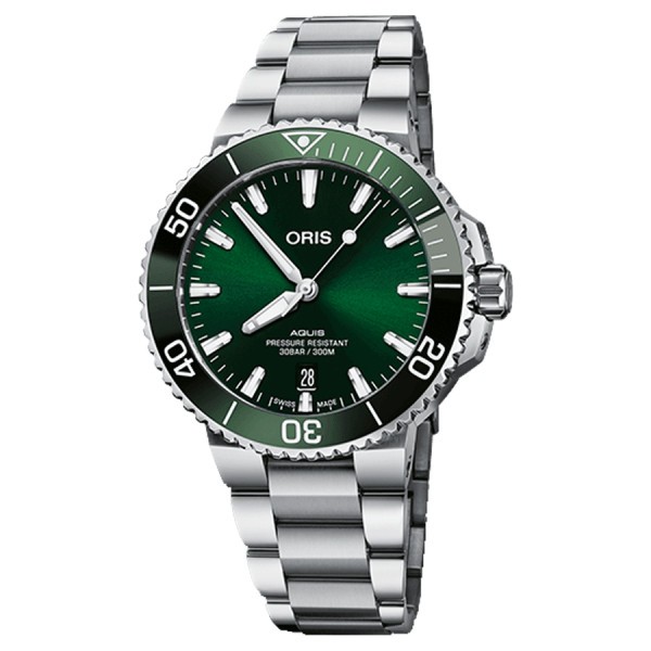 Montre Oris Aquis Date Calibre 400 automatique cadran vert bracelet acier 41,5 mm 01 400 7769 4157-07 8 22 09PEB