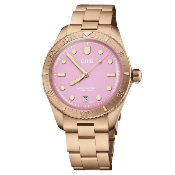 Oris Divers Sixty-Five Bronze automatic watch pink dial bronze bracelet 38 mm
