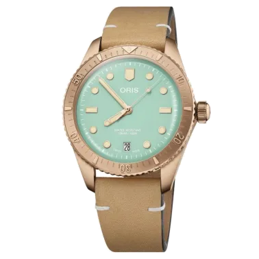 Montre Oris Divers Sixty-Five Bronze automatique cadran vert bracelet cuir marron 38 mm 01 733 7771 3157-07 5 19 04BR