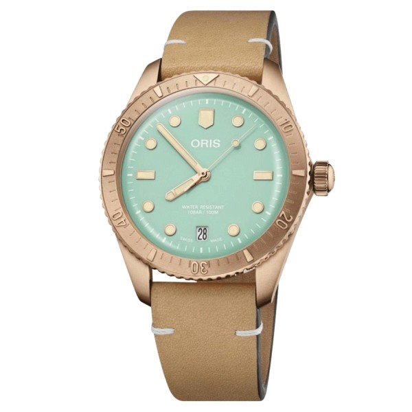 Montre Oris Divers Sixty-Five Bronze automatique cadran vert bracelet cuir marron 38 mm 01 733 7771 3157-07 5 19 04BR