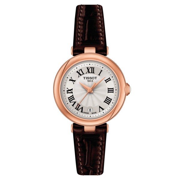 Montre Tissot Bellissima Small Lady PVD Or Rose quartz cadran blanc bracelet cuir marron 26 mm T126.010.36.013.00