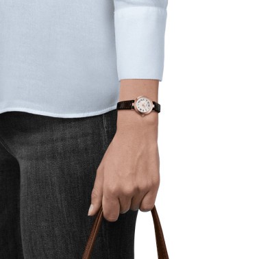 Montre Tissot Bellissima Small Lady PVD Or Rose quartz cadran blanc bracelet cuir marron 26 mm T126.010.36.013.00