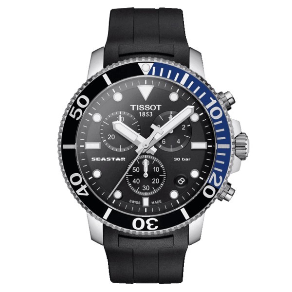 Montre Tissot Seastar 1000 quartz chronographe cadran noir bracelet caoutchouc noir 45,5 mm T120.417.17.051.02