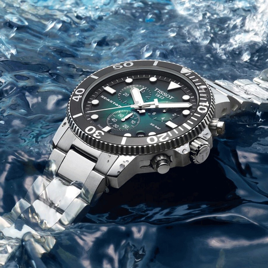 Montre Tissot Seastar 1000 quartz chronographe cadran vert bracelet acier 45,5 mm T120.417.11.091.01