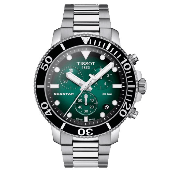 Tissot Seastar 1000 quartz chronograph watch green dial steel bracelet 45,5 mm T120.417.11.091.01