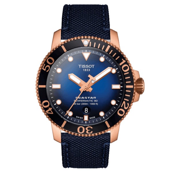 Montre Tissot Seastar 1000 Powermatic 80 PVD Or Rose cadran bleu bracelet textile bleu 43 mm T120.407.37.041.00