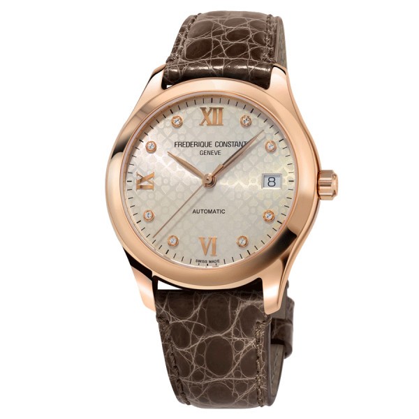 Frédérique Constant Ladies Automatic Rose Gold watch with diamond markers silver dial brown leather strap 36 mm FC-303LGD3B4